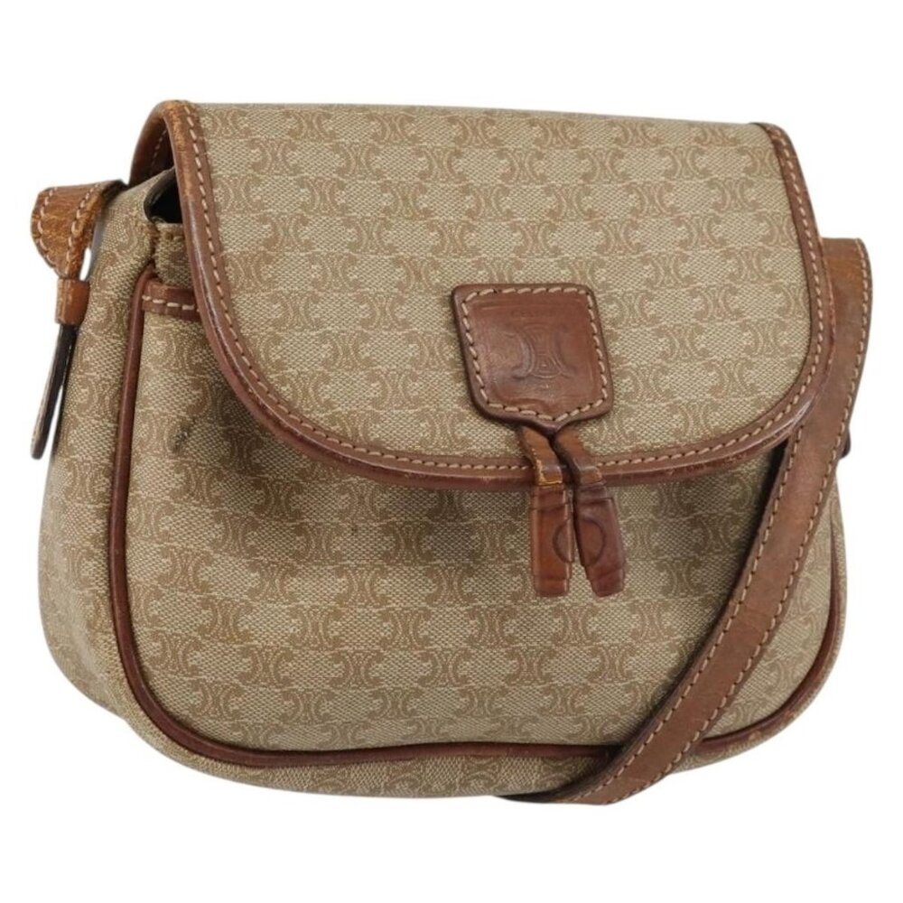 Authentic CELINE Macadam Canvas Shoulder Bag PVC Beige Gold